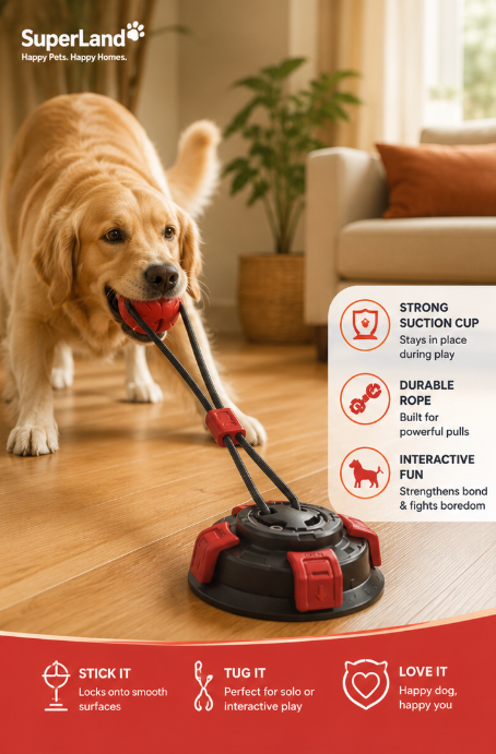 Golden retriever playing with SuperLand Suction Cup Tug Dog Ball indoors – lifestyle photo