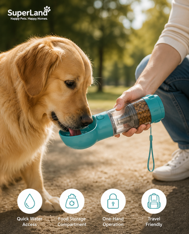 Golden retriever drinking from SuperLand Pet Multifunctional Water Bottle in a park – lifestyle photo