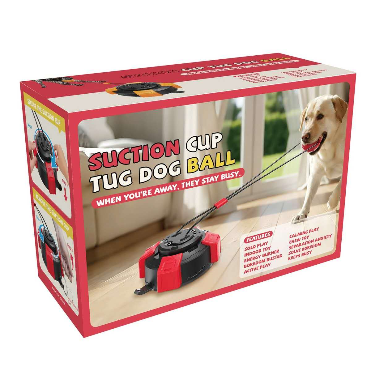 SuperLand Suction Cup Tug Dog Ball product packaging and toy unboxed