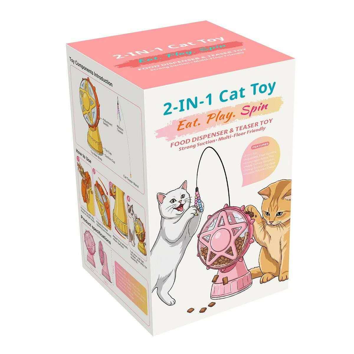 SuperLand 2-in-1 Cat Toy product packaging showing food dispenser and teaser toy