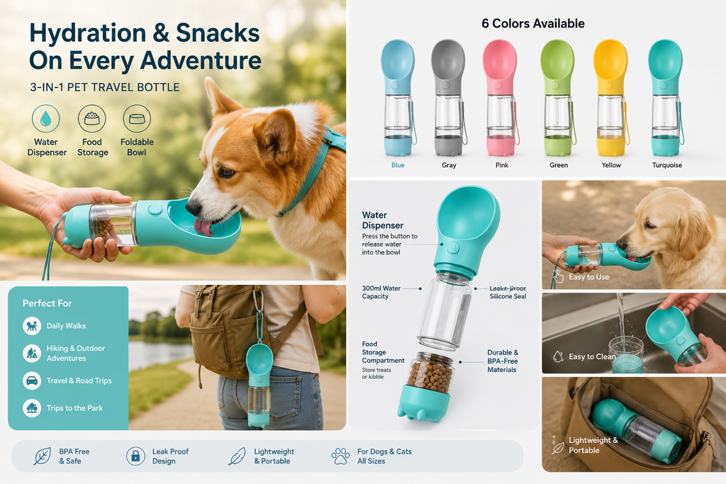 SuperLand Pet Multifunctional Water Bottle - 3-in-1 travel bottle infographic showing 6 colors, features, and how it works