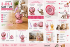 SuperLand 2-in-1 Cat Toy full product infographic - features, dimensions, colors, what's included, and customer reviews