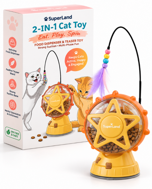 SuperLand 2-in-1 Cat Toy – Food Dispenser & Teaser with packaging