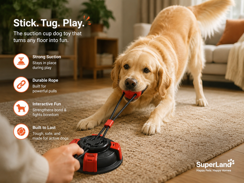 Golden retriever playing with SuperLand Suction Cup Tug Dog Ball on carpet – Stick. Tug. Play.