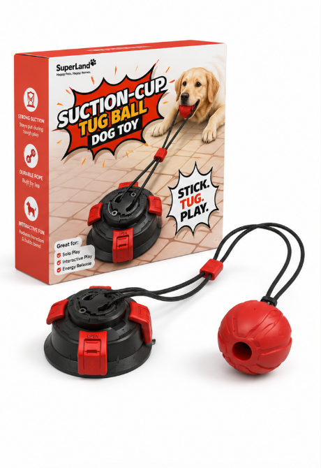 SuperLand Suction Cup Tug Dog Ball – product packaging and toy