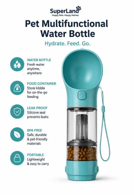 SuperLand Pet Multifunctional Water Bottle – features infographic